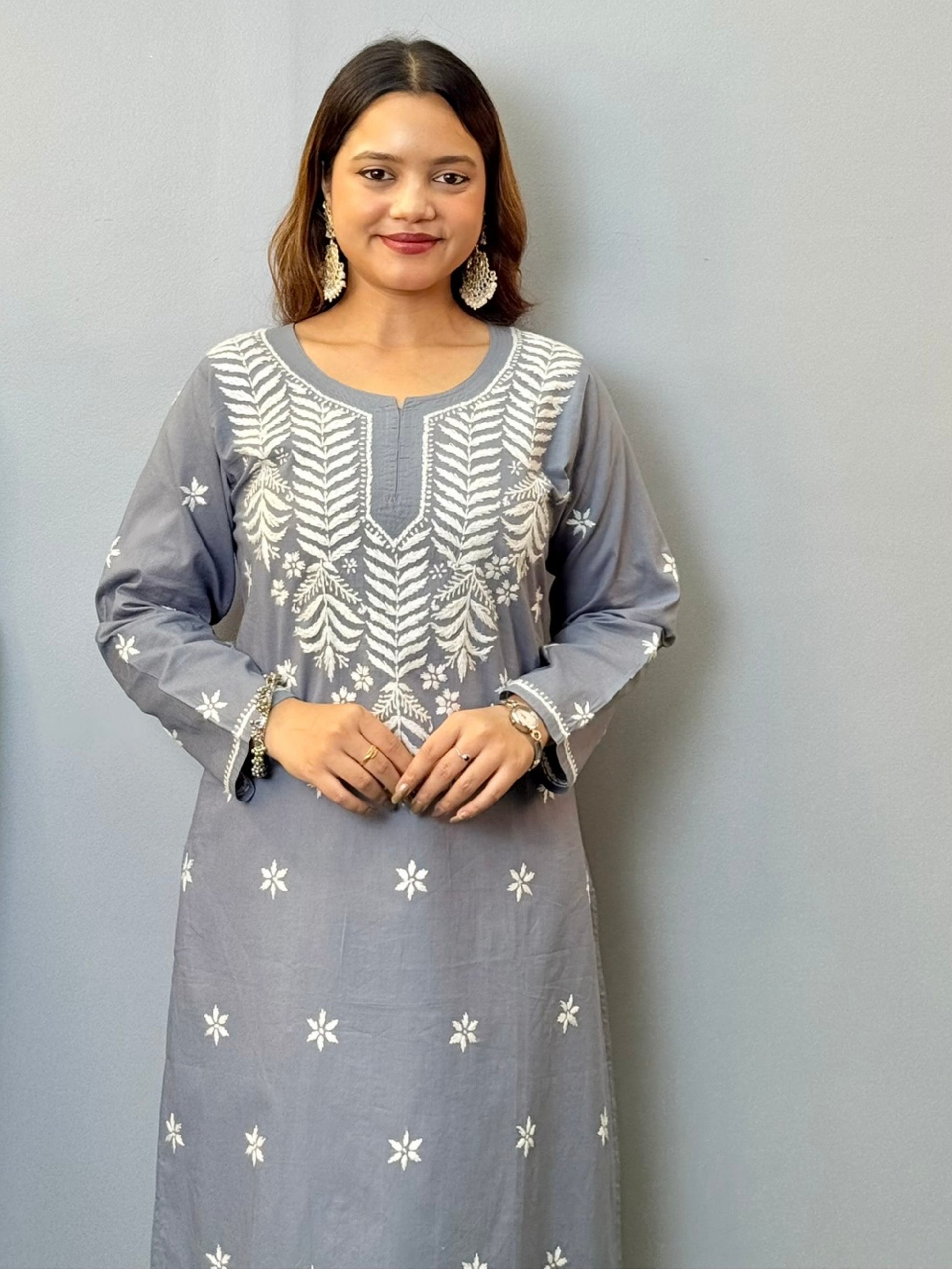 Steel grey cotton chikankari kurta with white hand embroidery