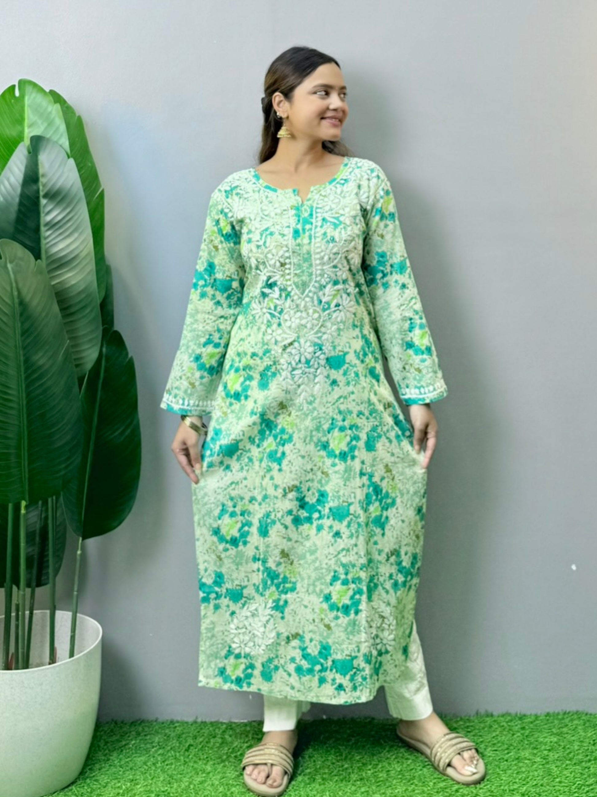 Mint green floral mulmul Chikankari kurta with white hand embroidery – soft and breathable ethnic wear for women