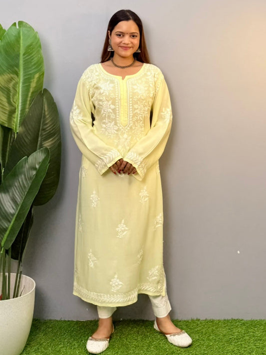 Lemon yellow modal chikankari kurta with white hand embroidery
