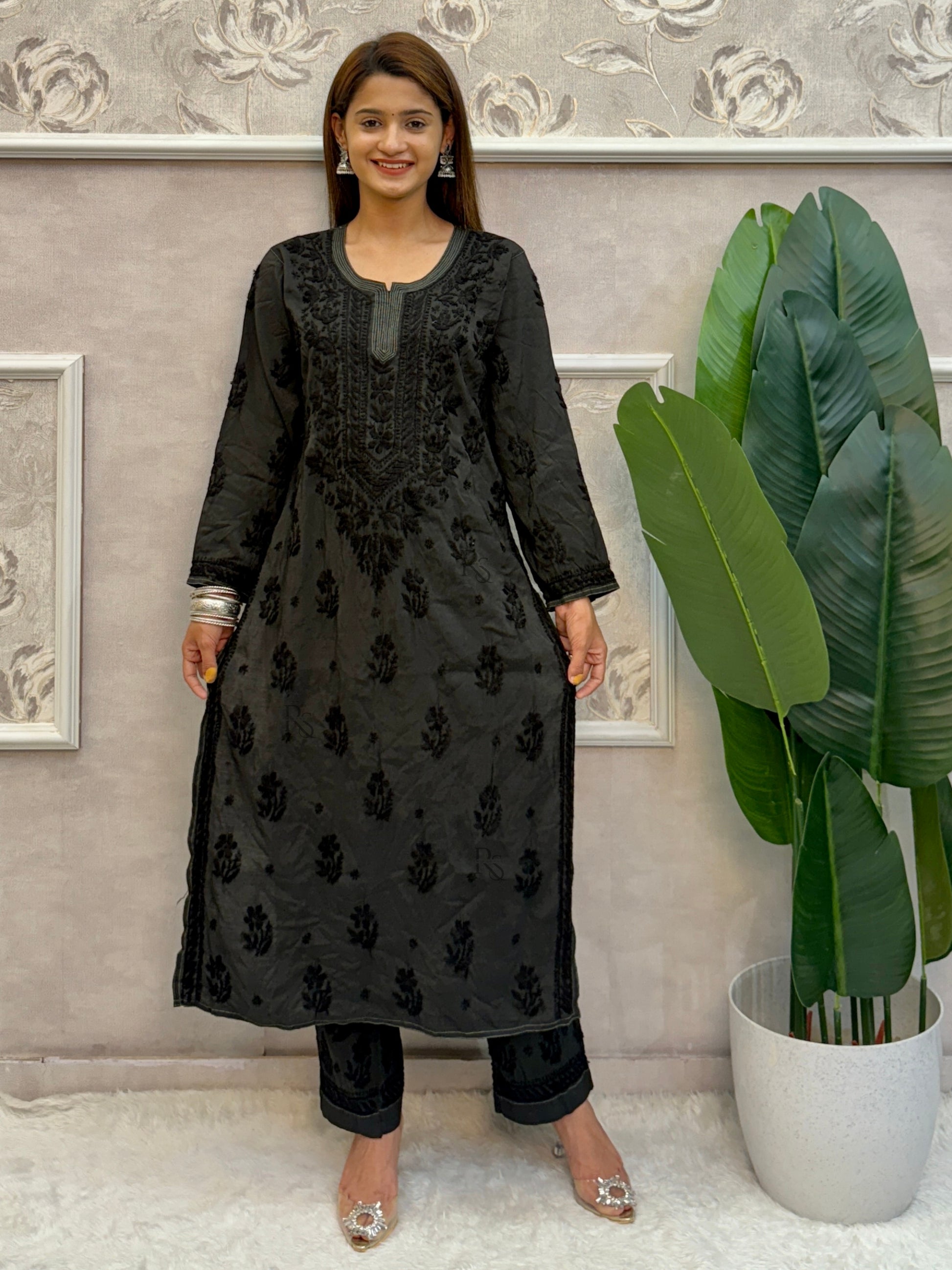 Black Lucknow chikankari chanderi kurta and pant set with hand embroidery