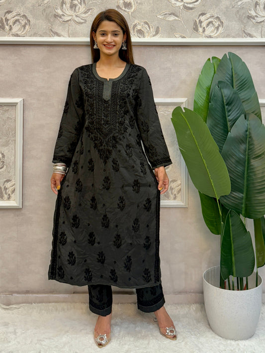Black Lucknow chikankari chanderi kurta and pant set with hand embroidery