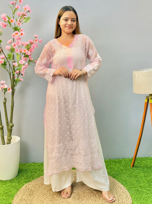 Pastel pink sheer georgette Lucknow Chikankari kurta with floral embroidery