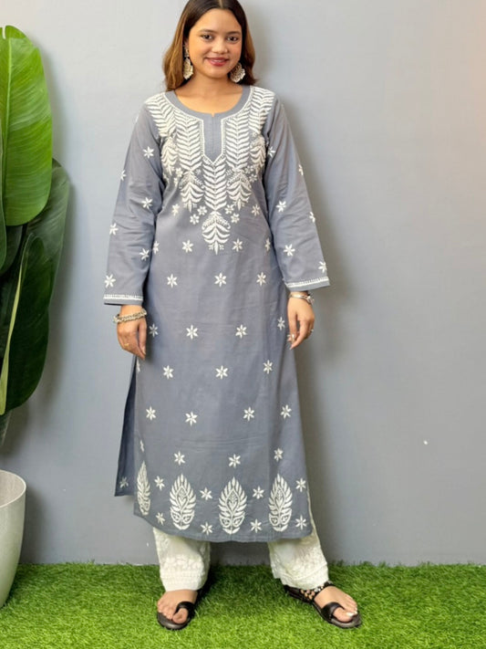 Steel grey cotton chikankari kurta with white hand embroidery