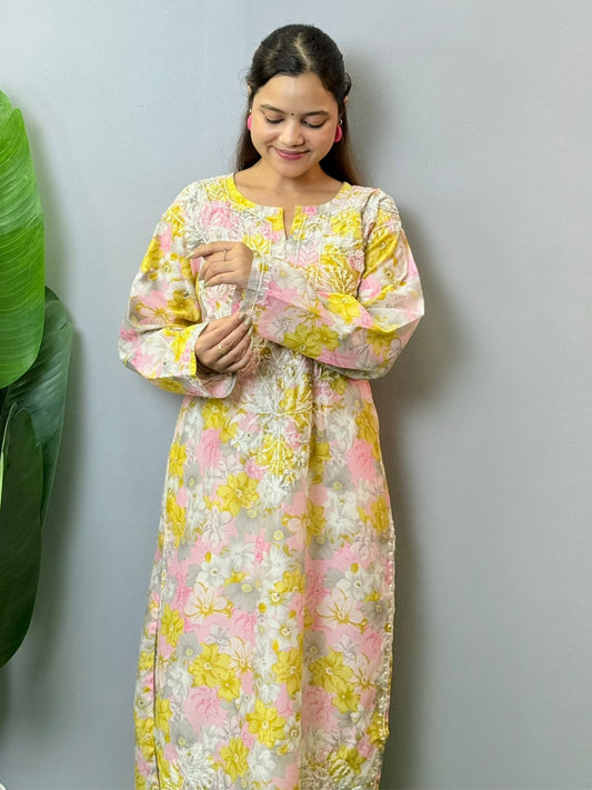 Pastel floral printed crepe Chikankari kurta with hand embroidery – lightweight casual wear