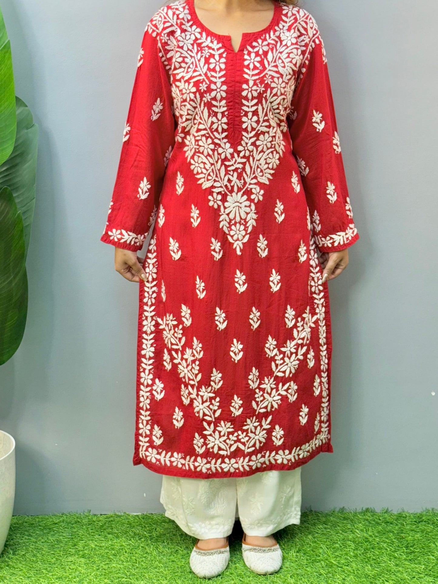 Red modal Lucknow chikankari kurta with hand embroidery, soft and comfortable ethnic wear.
