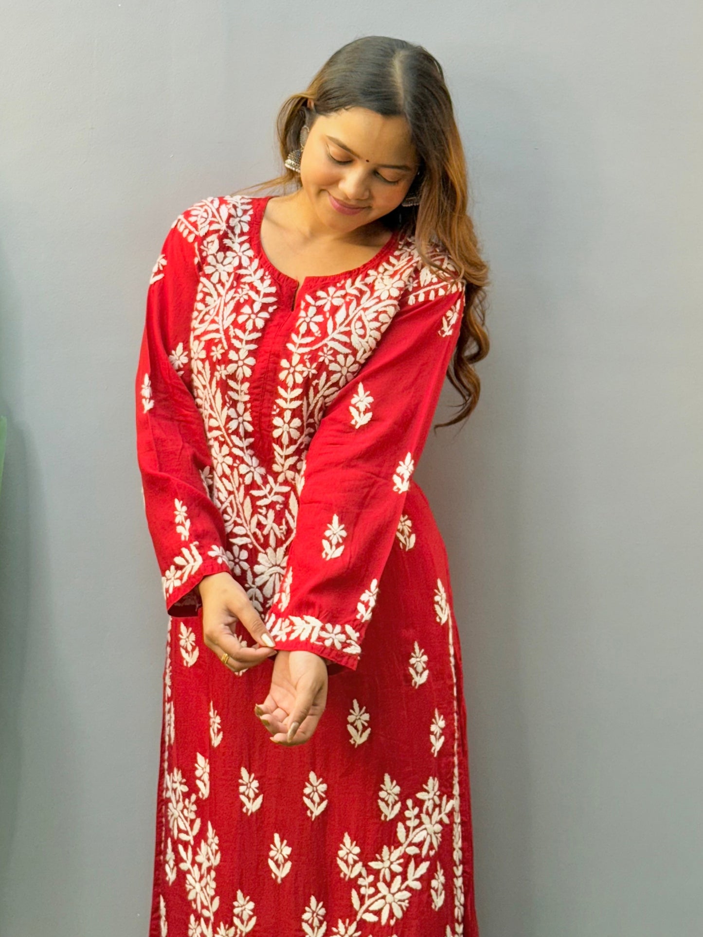 Red modal Lucknow chikankari kurta with hand embroidery, soft and comfortable ethnic wear.