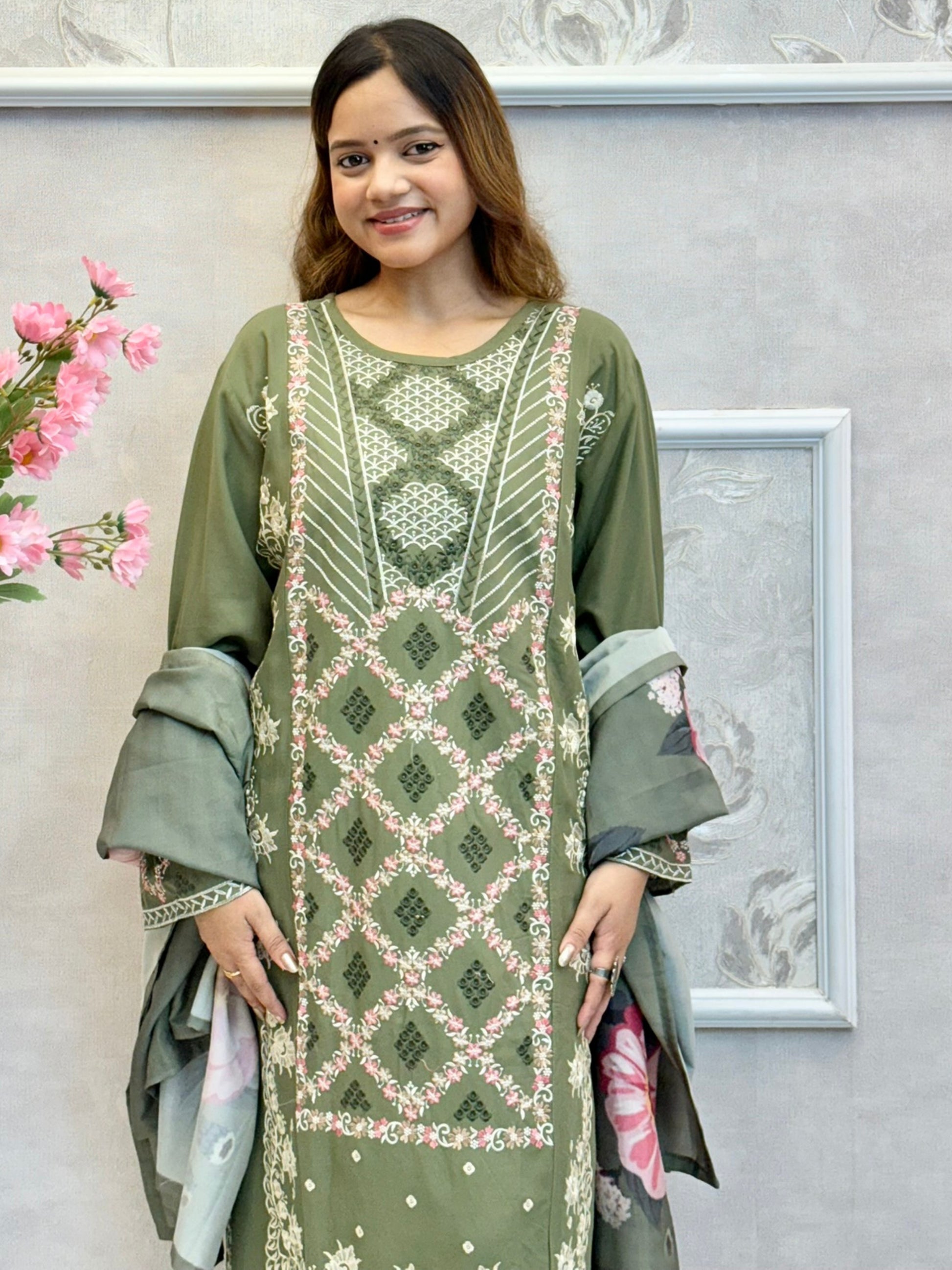 Olive green rayon kurta set with embroidery and floral printed dupatta