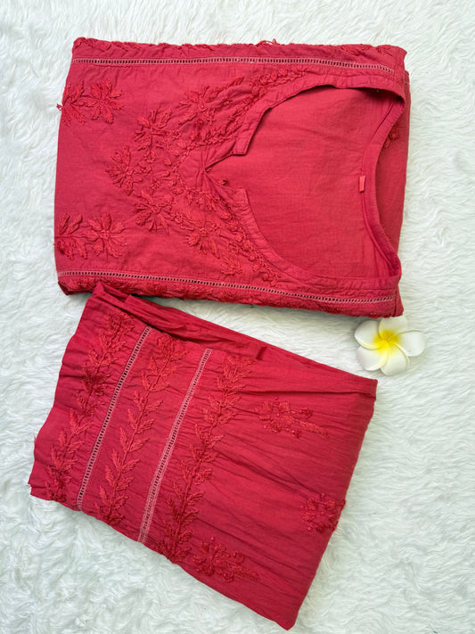 Red cotton pocket style chikankari short kurta with pant and hand embroidery