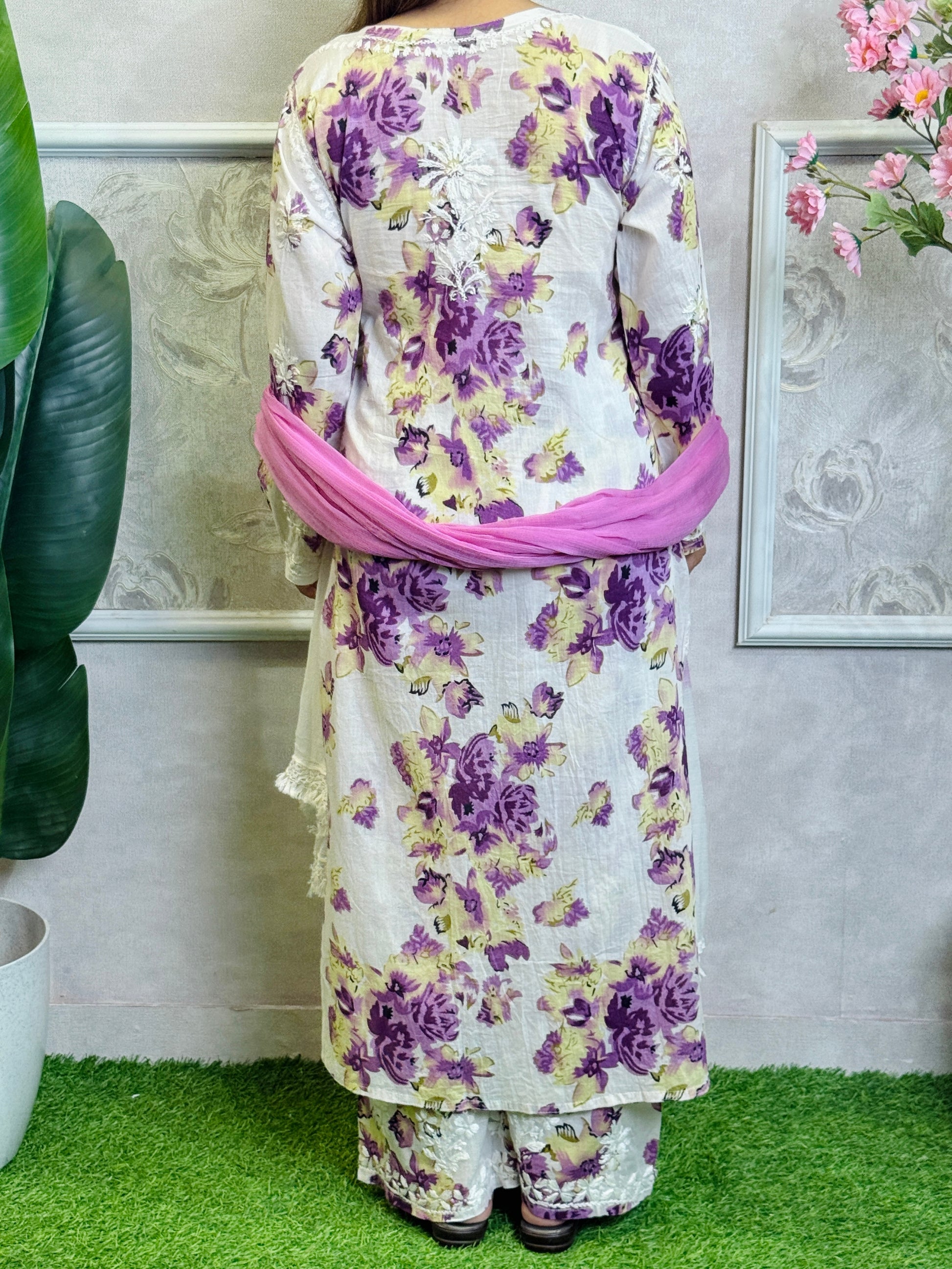 Lucknow Chikankari purple floral printed mulmul kurta palazzo set with chiffon dupatta and hand embroidery.