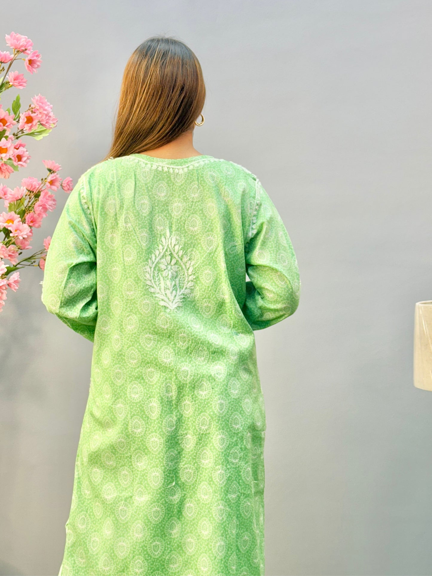 Mint green printed mulmul Lucknow Chikankari kurta and pant set