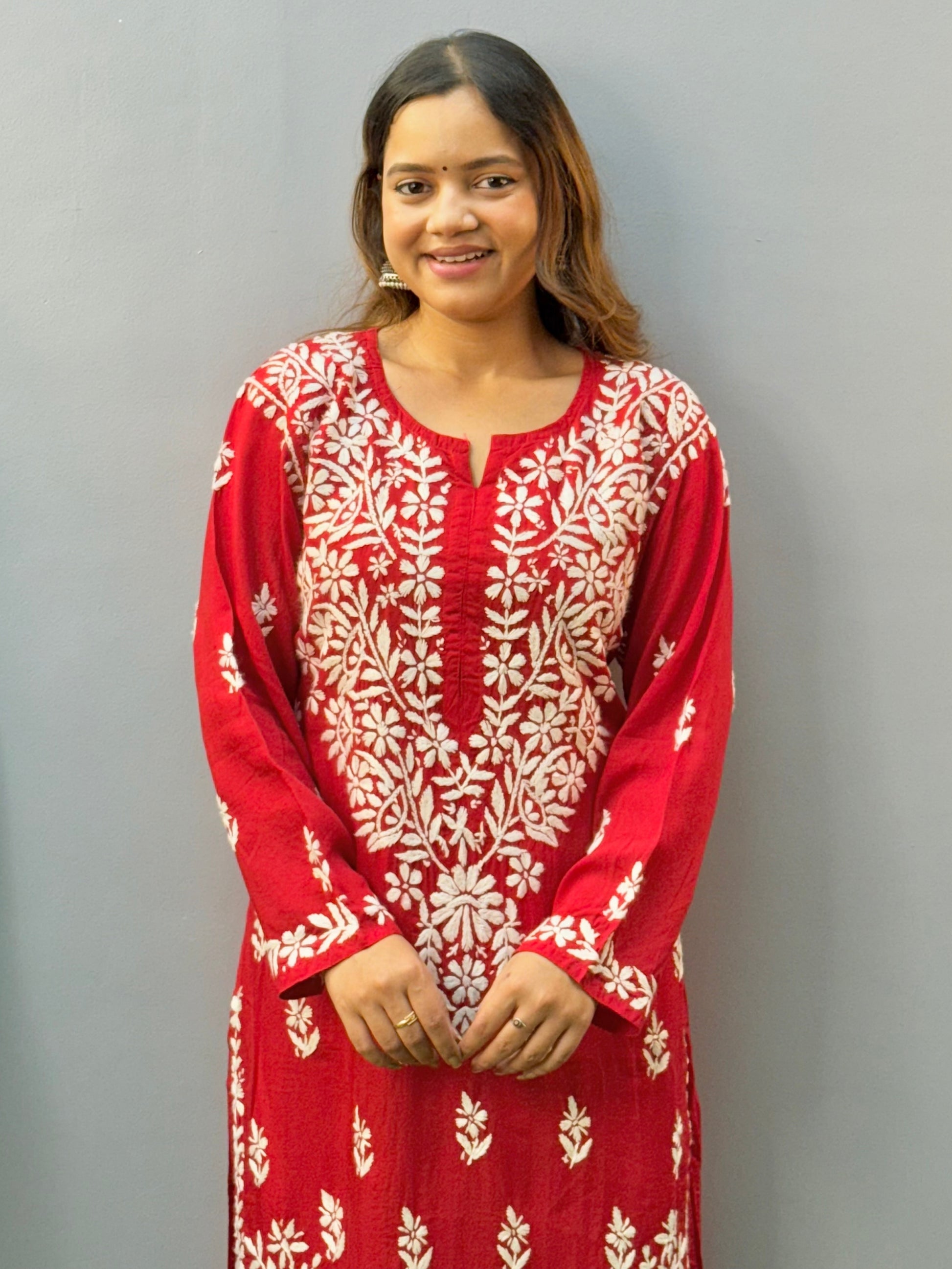 Red modal Lucknow chikankari kurta with hand embroidery, soft and comfortable ethnic wear.