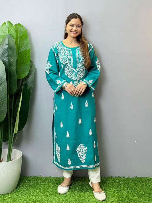 Teal green cotton Chikankari kurta with white hand embroidery – summer casual ethnic wear