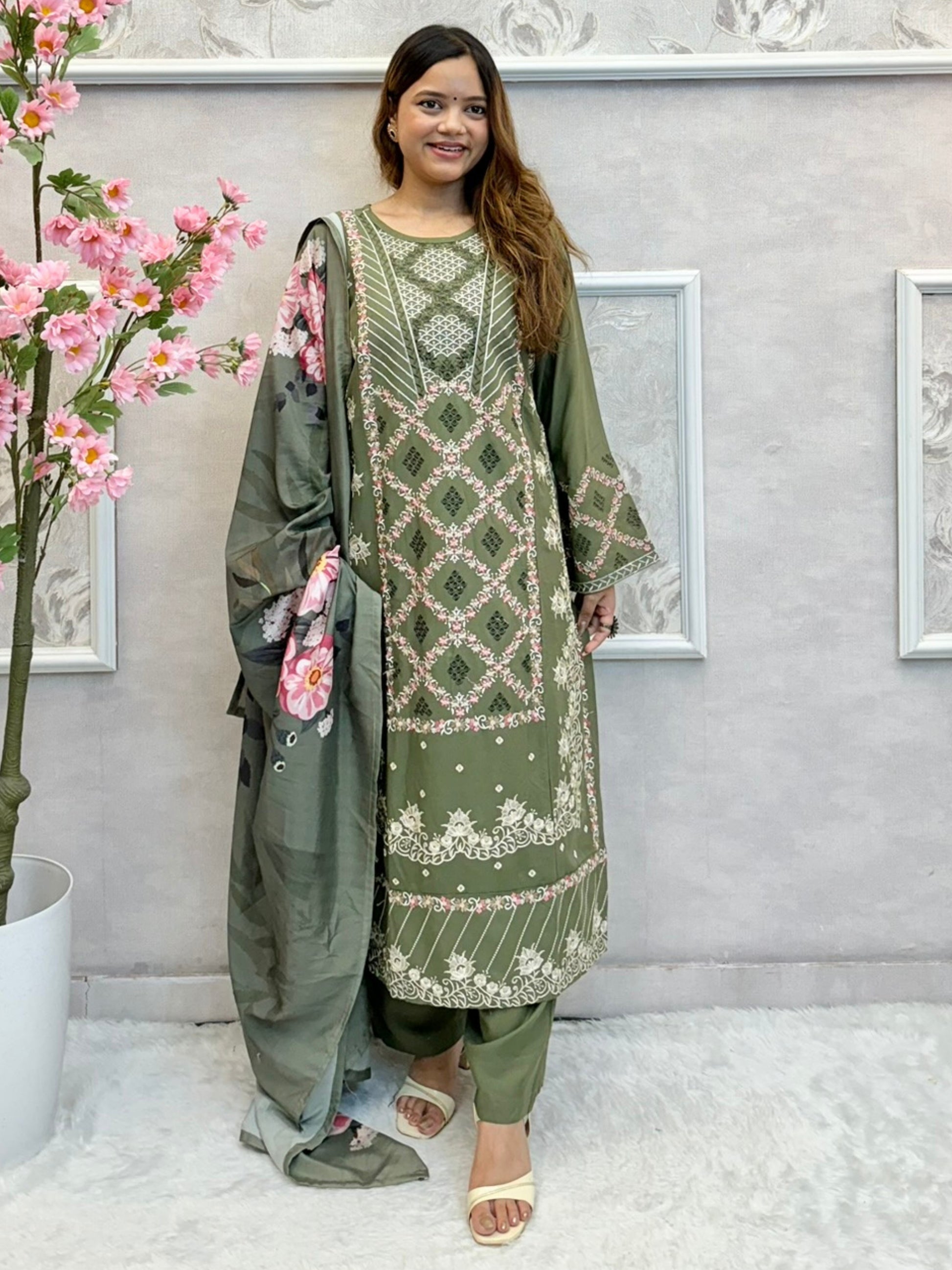 Olive green rayon kurta set with embroidery and floral printed dupatta