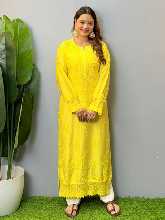 Sunshine yellow chanderi chikankari kurta with hand embroidery and lace detailing