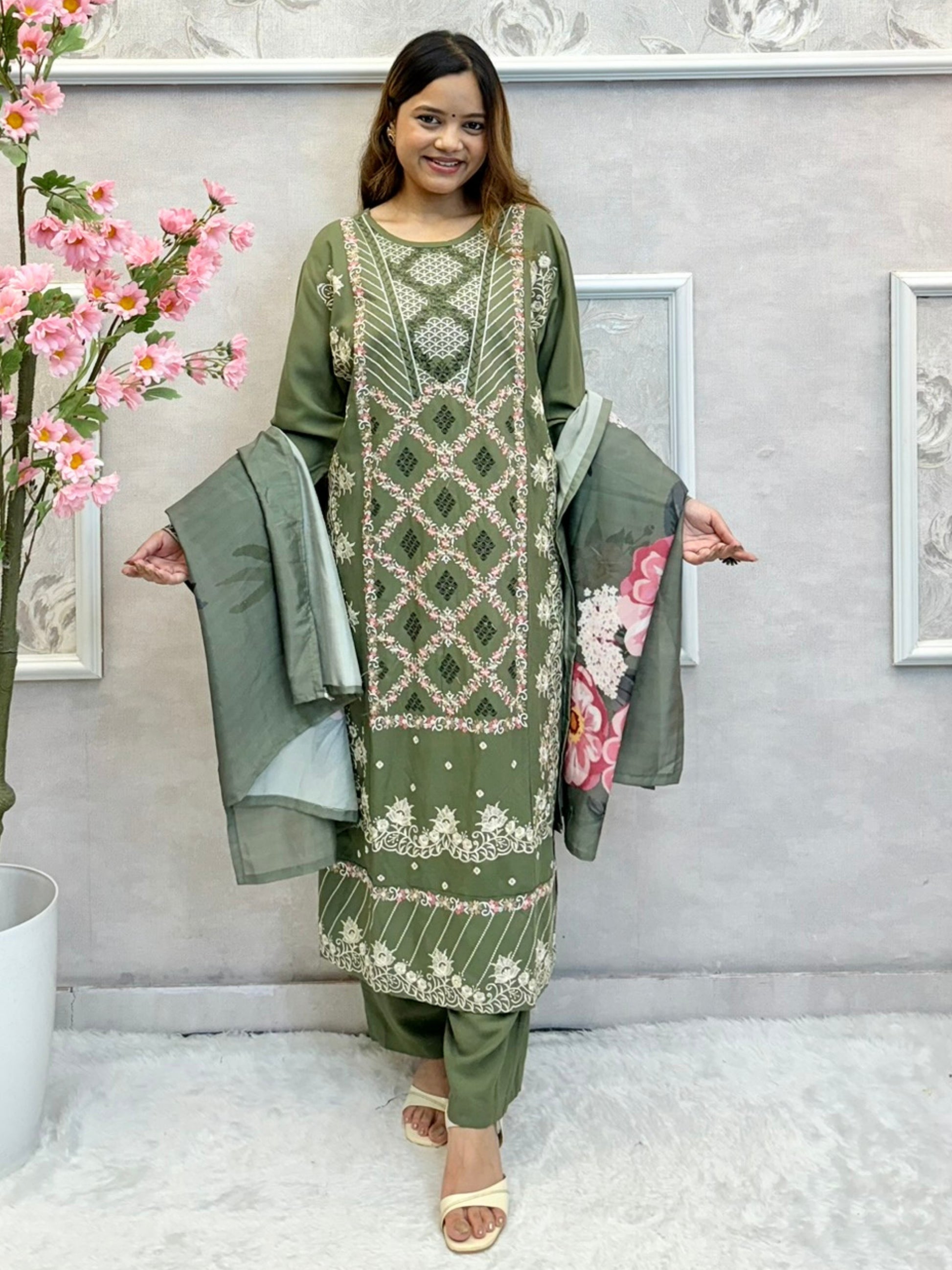 Olive green rayon kurta set with embroidery and floral printed dupatta