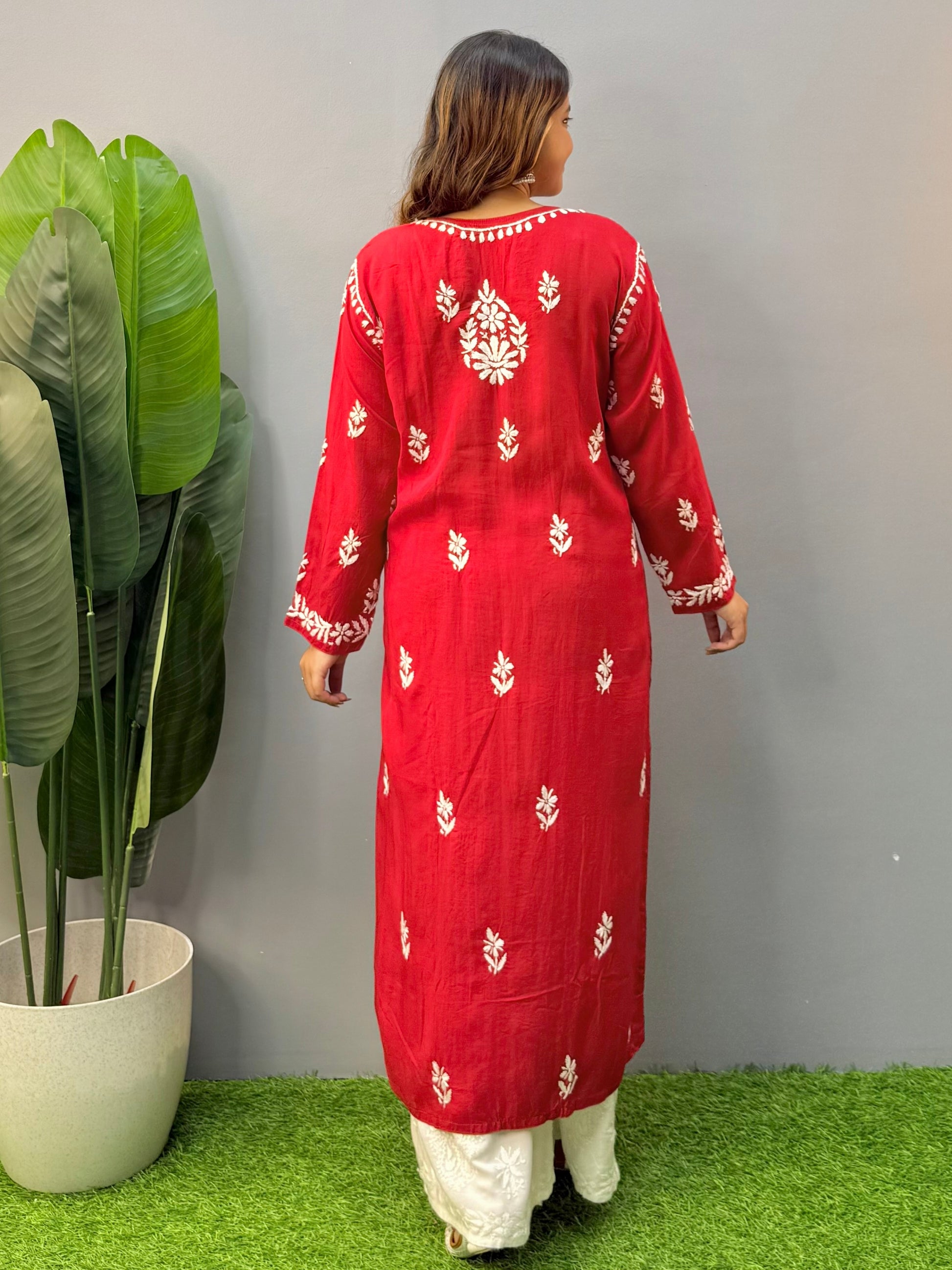 Red modal Lucknow chikankari kurta with hand embroidery, soft and comfortable ethnic wear.