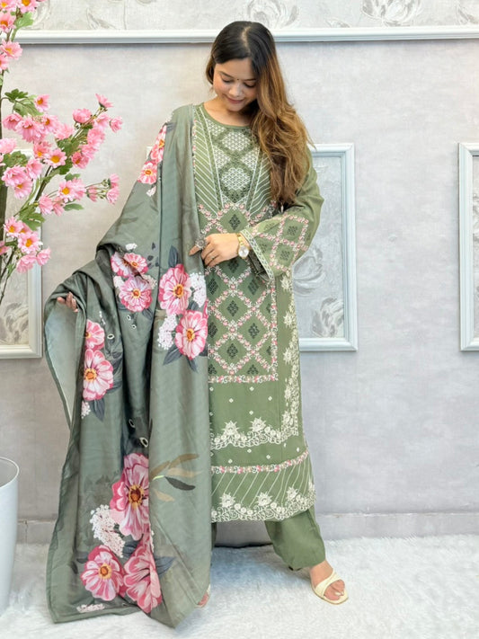 Olive green rayon kurta set with embroidery and floral printed dupatta