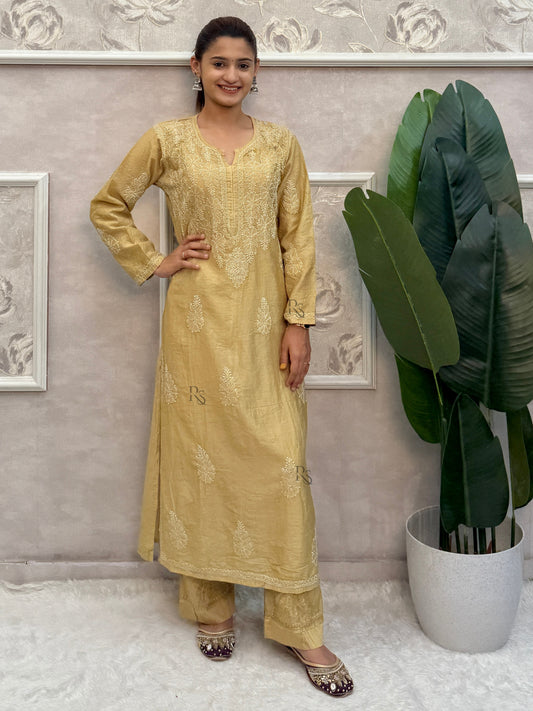 Golden Lucknow Chikankari chanderi kurta and pant set with bakhiya hand embroidery