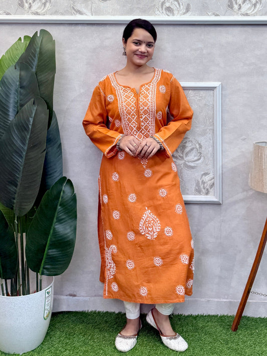 Rust Orange Cotton Lucknow Chikankari Kurta with white hand embroidery