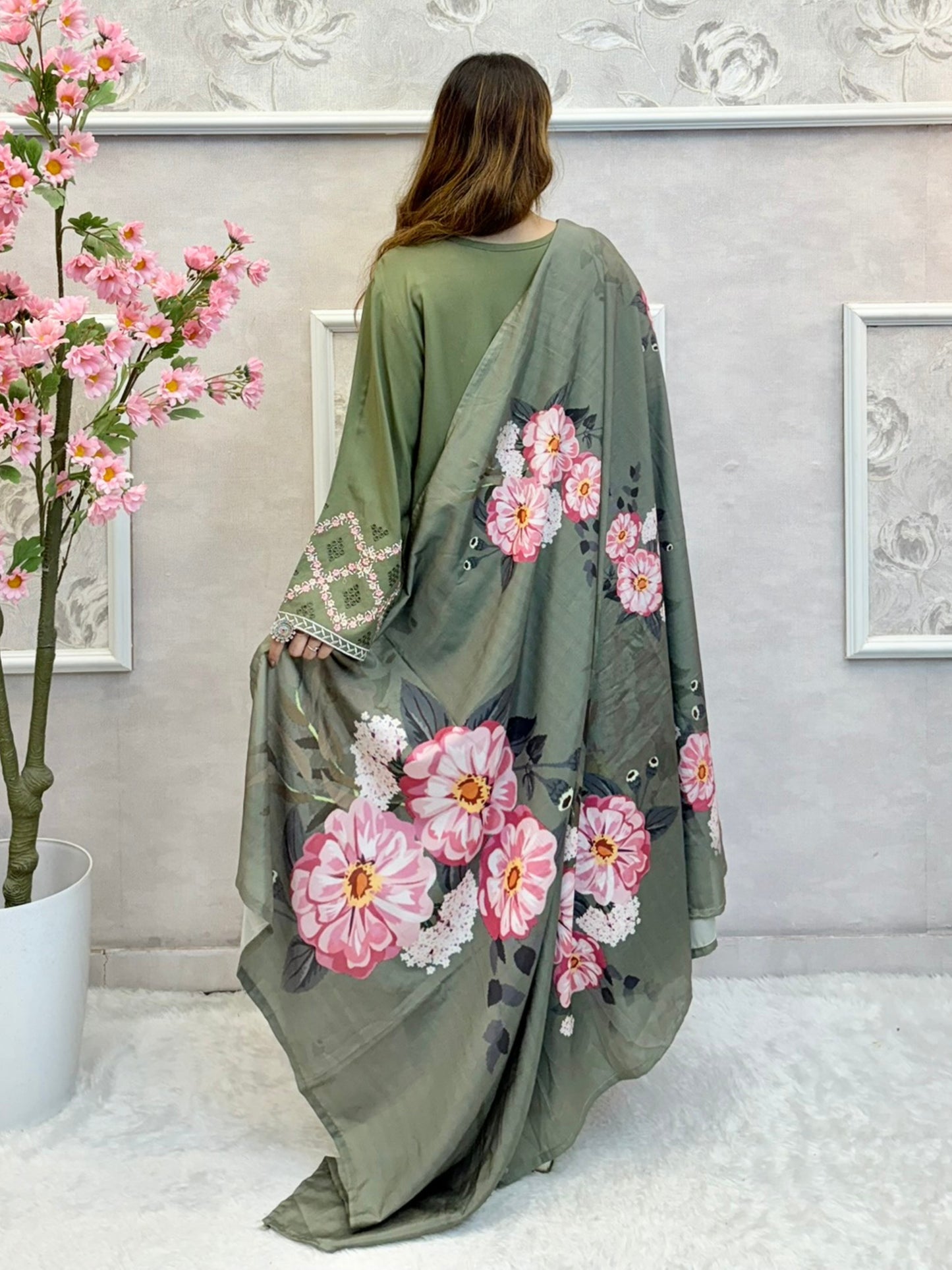 Olive green rayon kurta set with embroidery and floral printed dupatta