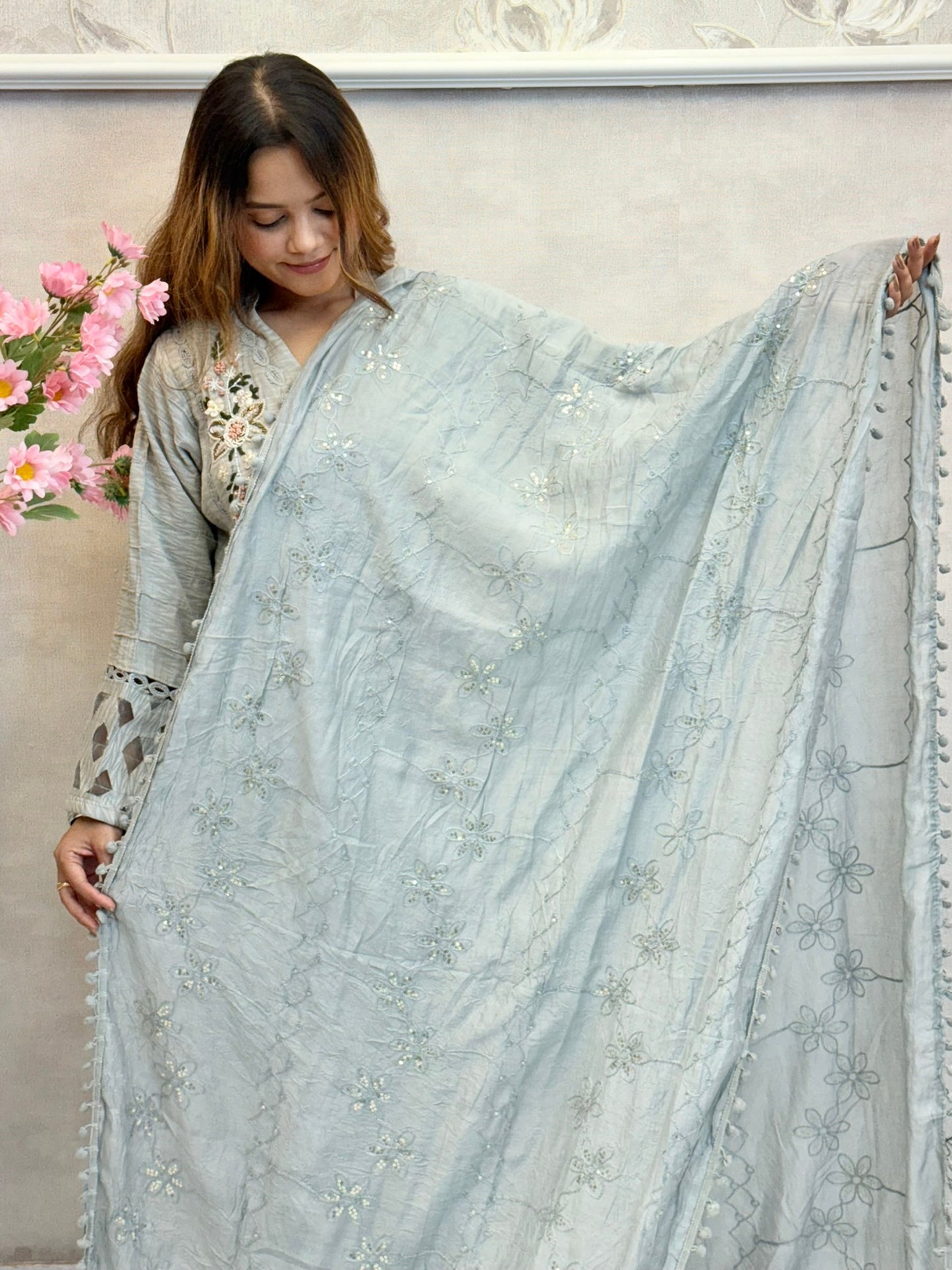Pastel grey rayon designer suit with handwork kurta, matching pant and chanderi dupatta featuring tassel detailing – stylish and elegant look