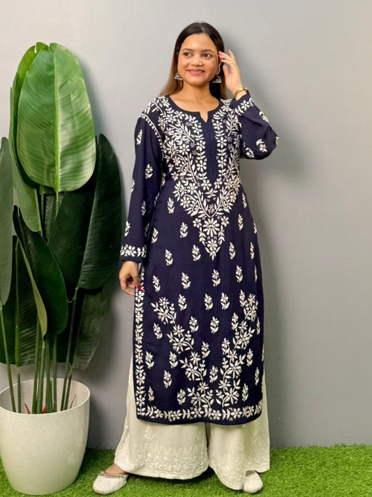 Navy blue modal chikankari kurta with white hand embroidery – soft and comfortable