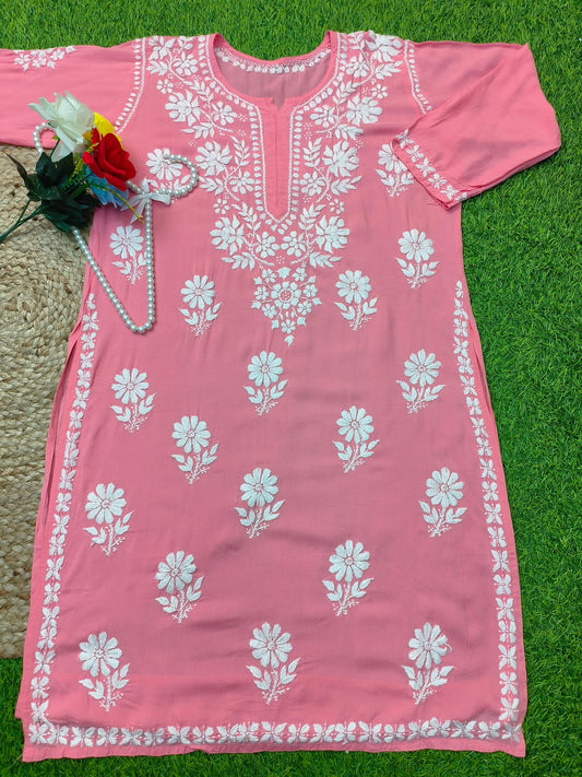 Flat lay of soft premium coral pink modal Lucknowi Chikankari kurta with white floral embroidery, by R S CHIKANKARI.