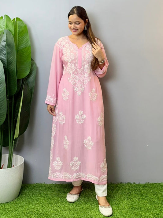 Blush pink modal Chikankari kurta with white floral hand embroidery – summer ethnic wear