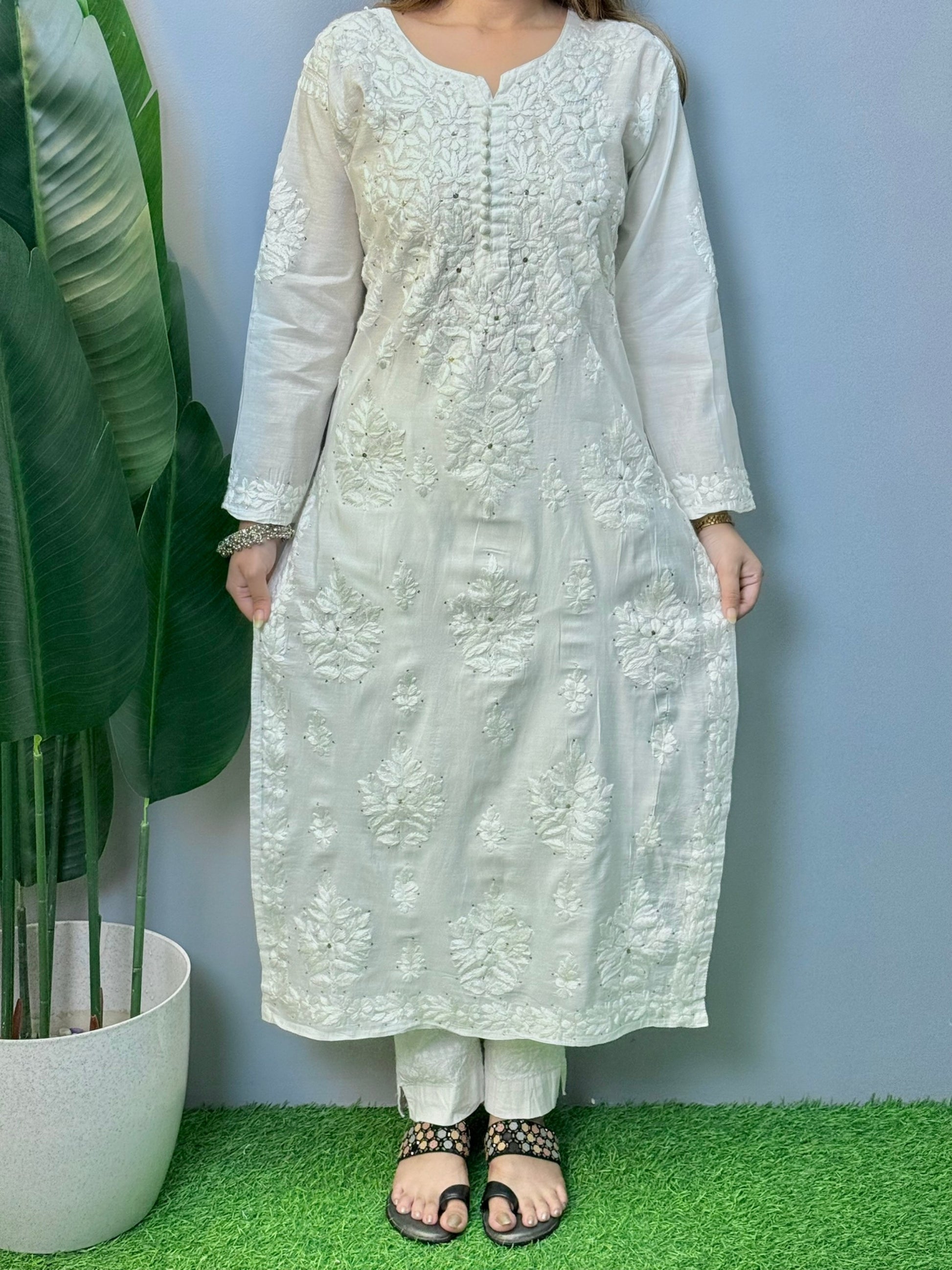 White Chanderi kurta with Lucknowi Chikankari hand embroidery and Mukaish work – soft, dyable ethnic wear