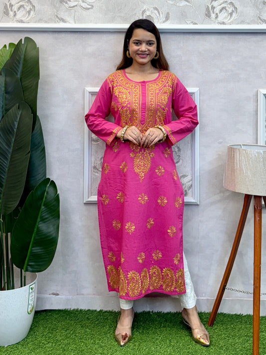 Pink cotton Lucknow Chikankari kurta with hand embroidery – soft casual wear