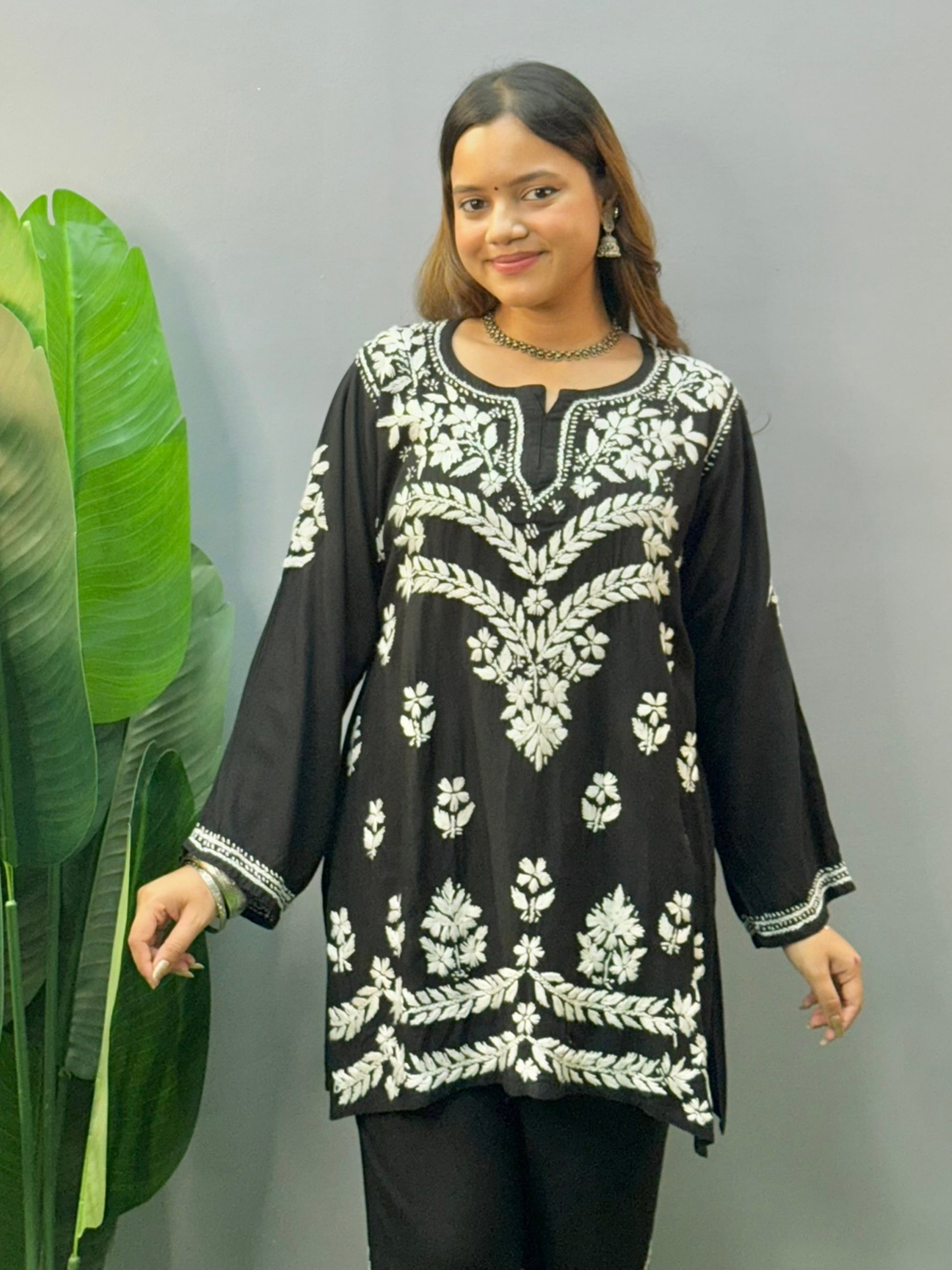 Black rayon chikankari short kurta and pant set with white hand embroidery