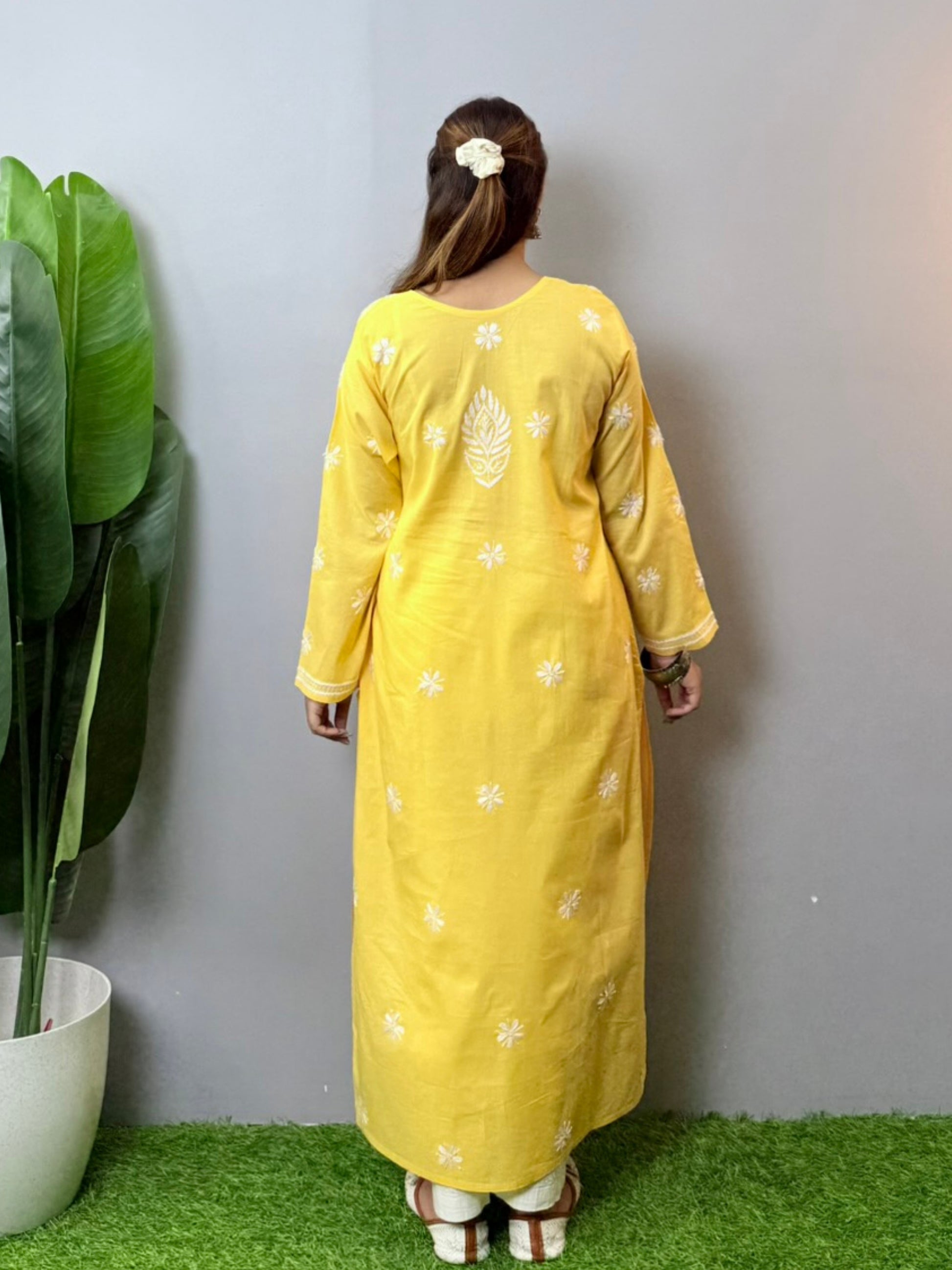 Sunshine yellow cotton Chikankari kurta with white floral hand embroidery – summer casual ethnic wear