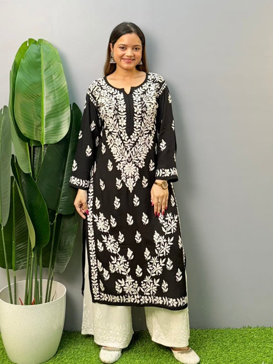 Black modal chikankari kurta with white hand embroidery – soft and comfortable