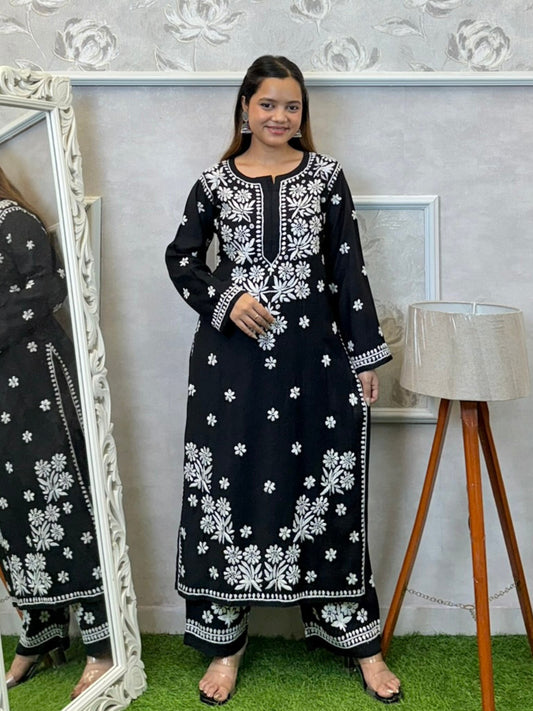 Black Norway silk Lucknowi Chikankari kurta and pant set with white hand embroidery