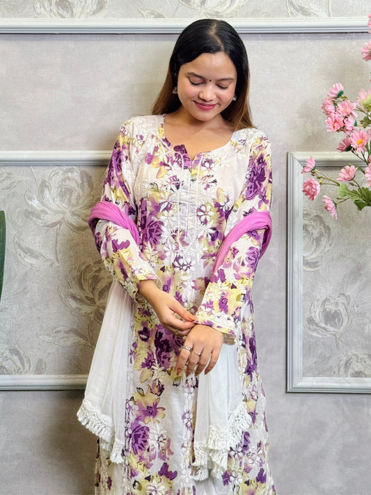 Lucknow Chikankari purple floral printed mulmul kurta palazzo set with chiffon dupatta and hand embroidery.