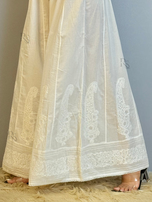 White cotton chikankari palazzo with hand embroidery – dyable bottom wear
