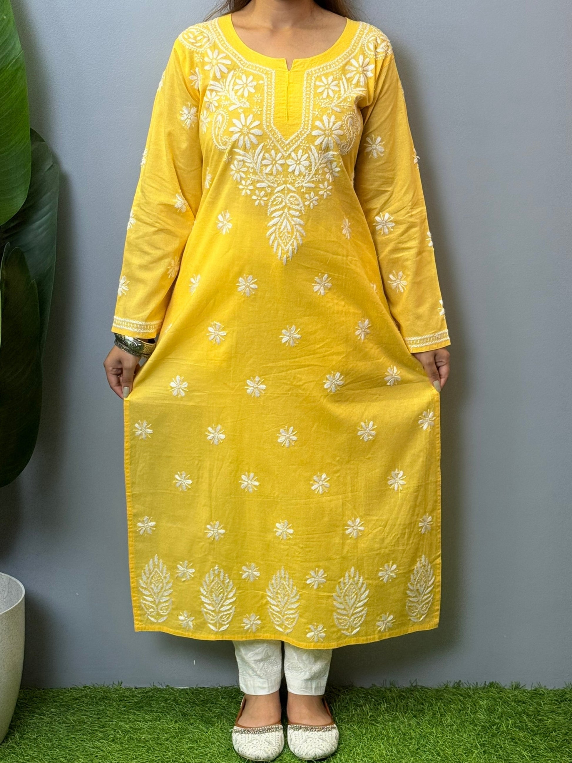 Sunshine yellow cotton Chikankari kurta with white floral hand embroidery – summer casual ethnic wear