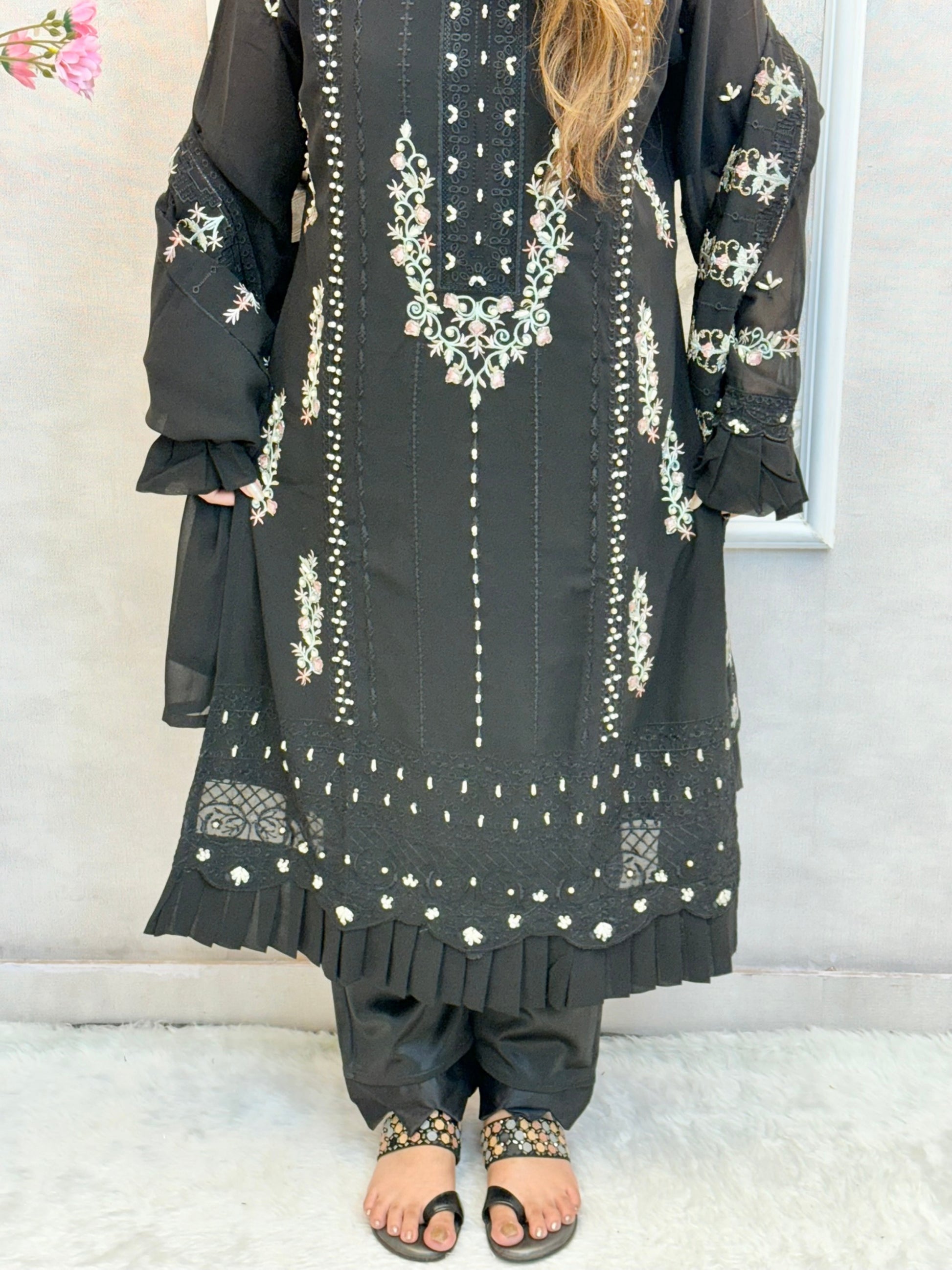 Black georgette suit with handwork detailing, satin pant, and embroidered dupatta – festive and stylish Indian ethnic outfit