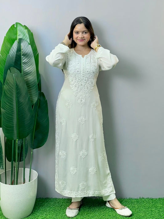 White rayon Chikankari kurta with Mukaish and hand embroidery – soft, comfortable, and dyable ethnic wear