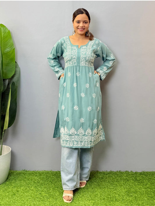 Lucknow Chikankari Teal Blue Modal Kurta with Side Pockets – Hand Embroidery