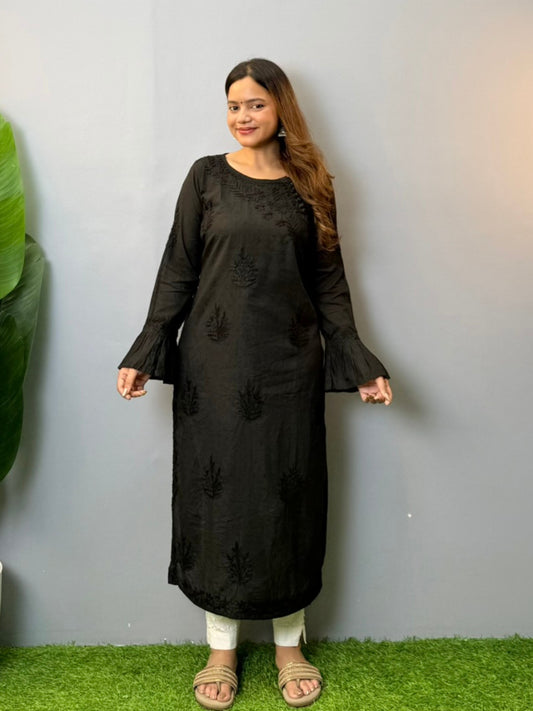 Black dobby cotton chikankari kurta with hand embroidery and bell sleeves
