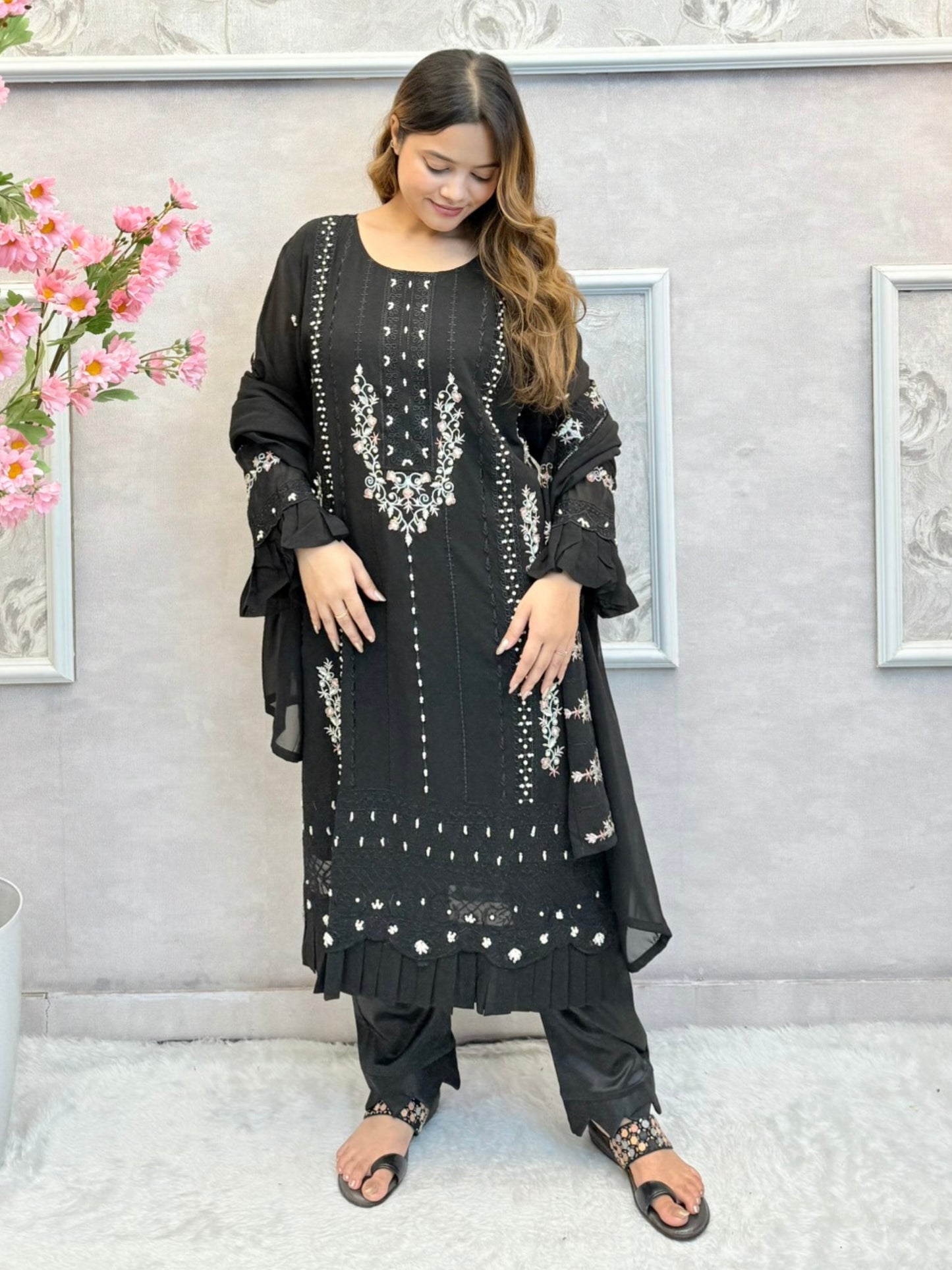 Black georgette suit with handwork detailing, satin pant, and embroidered dupatta – festive and stylish Indian ethnic outfit