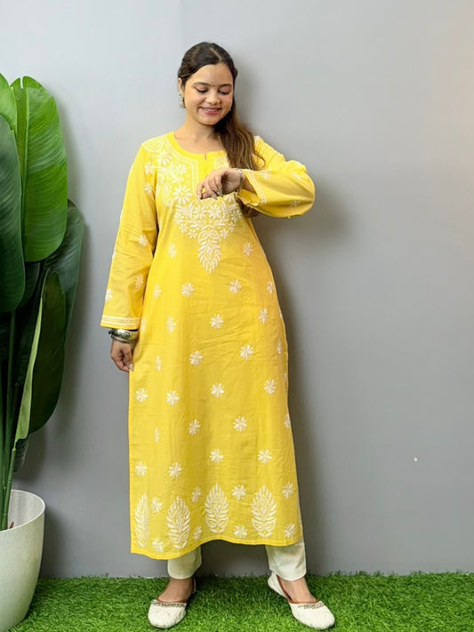 Sunshine yellow cotton Chikankari kurta with white floral hand embroidery – summer casual ethnic wear