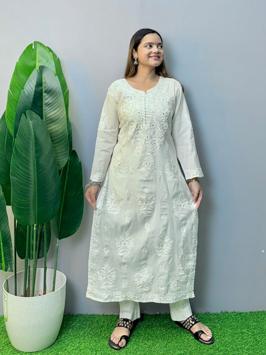 White Chanderi kurta with Lucknowi Chikankari hand embroidery and Mukaish work – soft, dyable ethnic wear