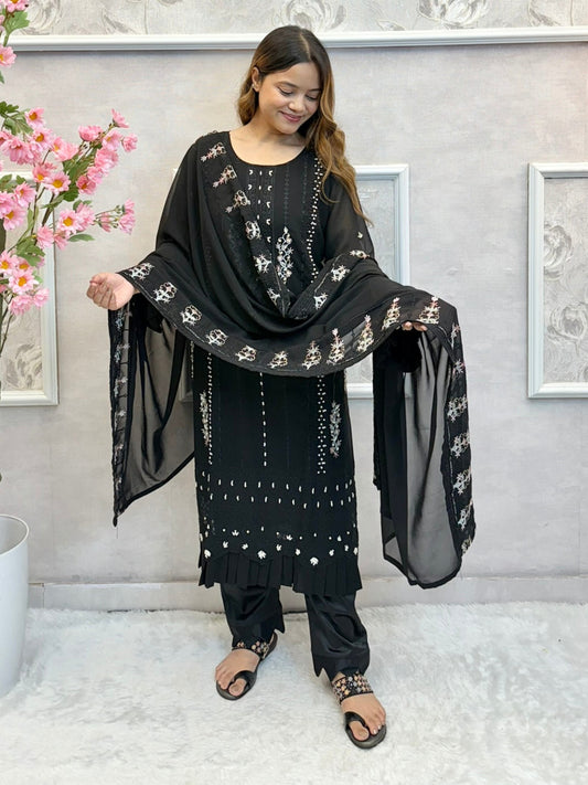 Black georgette suit with handwork detailing, satin pant, and embroidered dupatta – festive and stylish Indian ethnic outfit