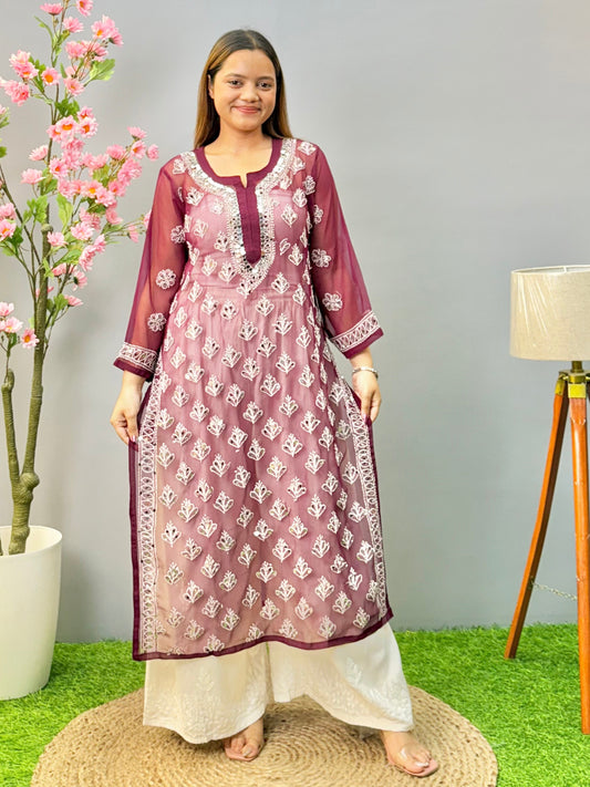 Wine georgette Lucknow Chikankari kurta with mirror work and hand embroidery