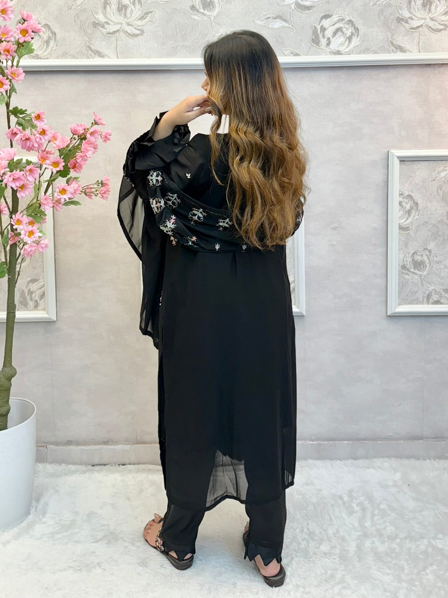 Black georgette suit with handwork detailing, satin pant, and embroidered dupatta – festive and stylish Indian ethnic outfit