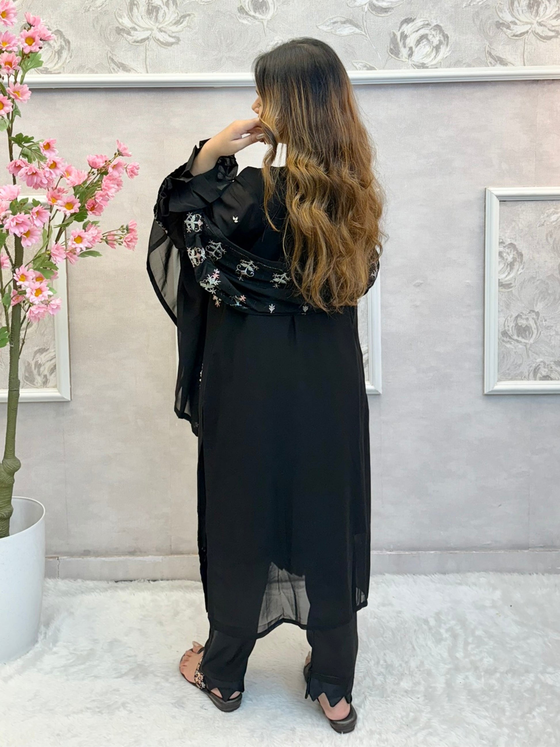 Black georgette suit with handwork detailing, satin pant, and embroidered dupatta – festive and stylish Indian ethnic outfit