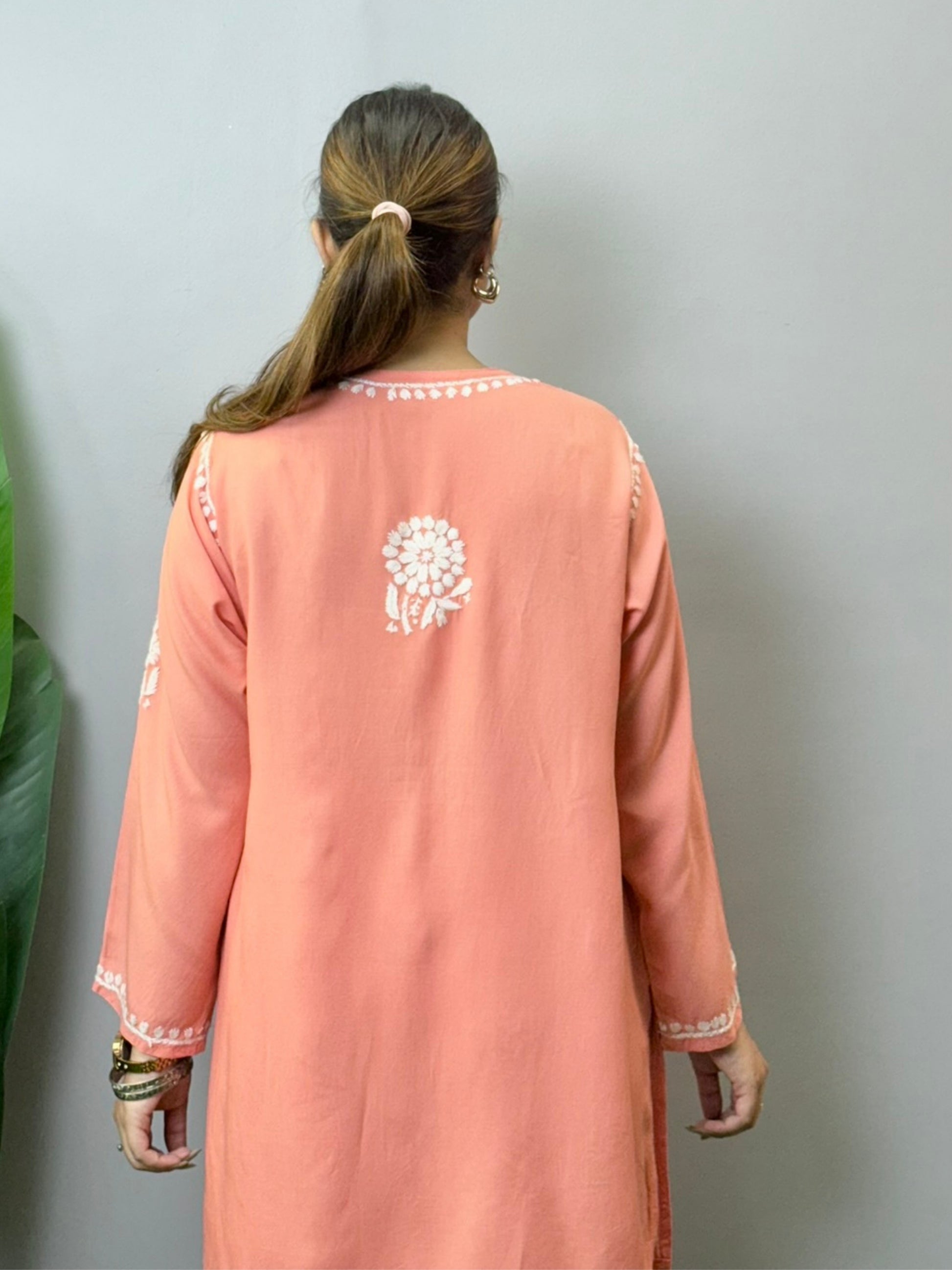 Peach Chikankari co-ord set with short kurta and palazzo in rayon fabric – handcrafted Lucknowi embroidery