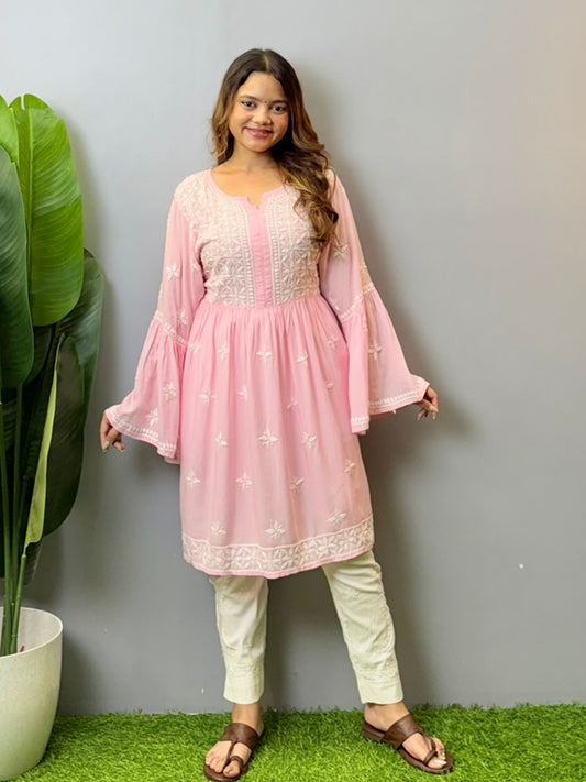 Blush pink modal Lucknowi Chikankari short frock with hand embroidery and bell sleeves, soft and comfortable